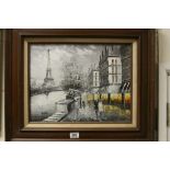 Signed oil painting view of The River Seine Paris with Eiffel Tower Beyond