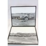 WWII Interest, pair of framed vintage prints of American Half track Vehicles in Rugged Terrain