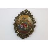 Still life miniature oil painting in an ornate brass frame