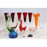 Box of mixed vintage Glassware to include; Murano Bird bowls, Glass sweets, Fluted drinking