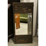 Chinese Hardwood Framed Bevelled Edge Mirror with Carved Panels depicting Village Scenes and Borders