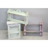 Pair of Painted Pine Hanging Shelves together with a Hanging Wall Cabinet