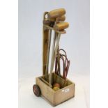 Vintage Child's Croquet set with Mallets, Balls & metal Hoops, comes with pull along Wooden trolley