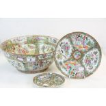 Large 19th Century Cantonese Famille Rose Bowl, Plate and Saucer, bowl approx 30cm diameter and