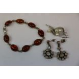 Silver & Amber Bracelet, pair of stone set Silver Earrings & a Sterling Silver & Pearl Brooch