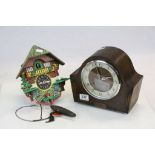 Key wind Wooden cased Mantle Clock and a Painted vintage Cuckoo Clock with chain & weight