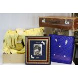 Mixed collectables to include vintage dresses, a princess Diana plaque and two vintage suitcases.
