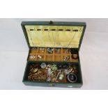 Leather jewellery box of mixed Costume jewellery to include; Watches, French Jet etc