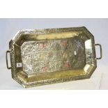 Large twin handled Asian brass tray with animal decoration and detailing in Copper and Silver