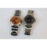 Two Gents Stainless Steel Quartz Gents wristwatches by "Guess", one with orange dial