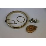 Sterling Silver Bangle type Bracelet with Gold plated finish, 9ct Gold front & back Locket and a
