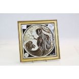 Tube lined Majolica style ceramic Tile by MAW & Co, titled "Winter" with Gilt framed and approx 20.5
