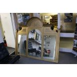 Large Pine Gold Painted Three Section Overmantle Mirror with central domed section, 167cms high x