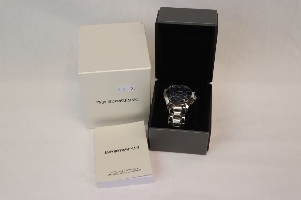 Boxed Gents Emporio Armani Chronograph wristwatch, with blued metallic dial, three sub dials and - Image 2 of 4