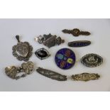 Small collection of mainly vintage Silver Brooches to include Charles Horner, Enamelled coin, Mizpah