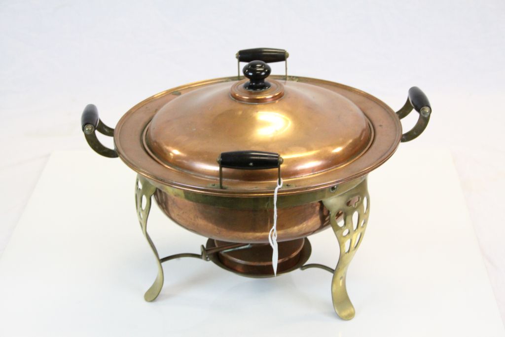 Art Nouveau Copper Food Warming Pan Four Handles and Spirit Burner Below, 41cms diameter