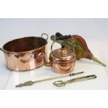 Twin handled Copper pan, kettle with brass and wooden handle, bellows with Dutch scene in brass