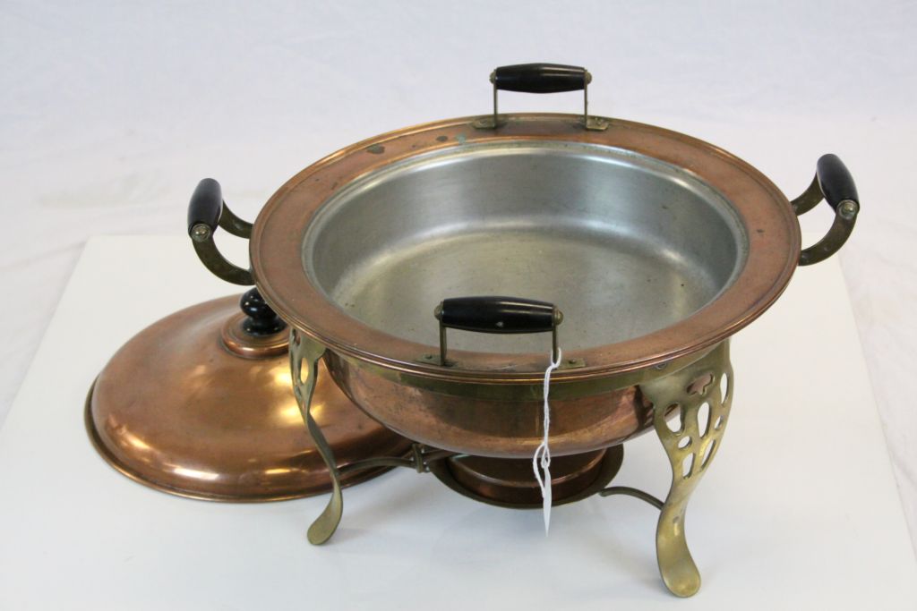 Art Nouveau Copper Food Warming Pan Four Handles and Spirit Burner Below, 41cms diameter - Image 2 of 3