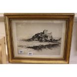 Gilt framed & glazed "Albany Howarth" (1872 - 1936) Engraving of Bambrough Castle Northumberland &