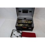 Leahter Jewellery box with a mix of Costume jewellery etc to include Silver & Watches
