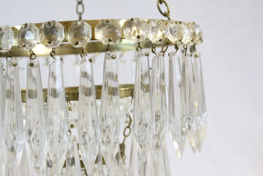 Two vintage Brass Chandeliers with Crystal Glass drops - Image 4 of 9