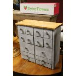 Part Painted Pine Bank of Fourteen Drawers with Spiral Metal Handles, 54cms wide x 53cms high
