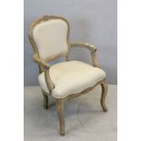 French Louis Style Weathered Oak Armchair upholstered in beige fabric