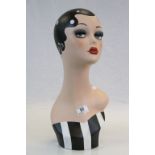 Art Deco style mannequin head, with black and white dotted hair and red lips, stands approx. 45 cm