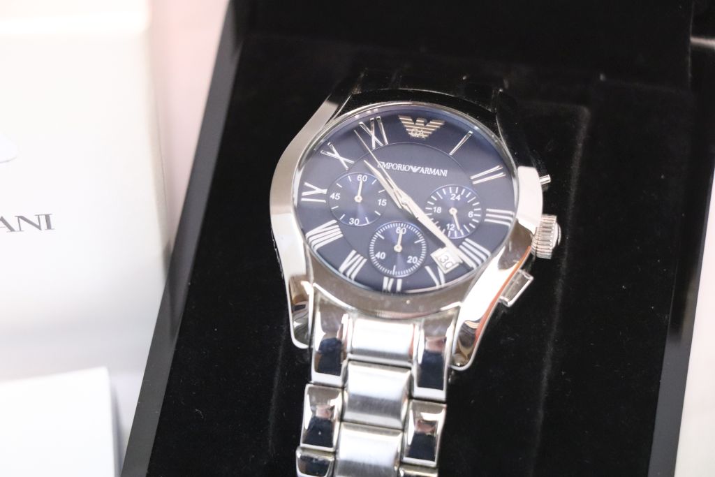 Boxed Gents Emporio Armani Chronograph wristwatch, with blued metallic dial, three sub dials and - Image 4 of 4
