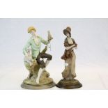 Two painted figurines with Wooden bases to include a Female with shawl & a Man with a Lamb