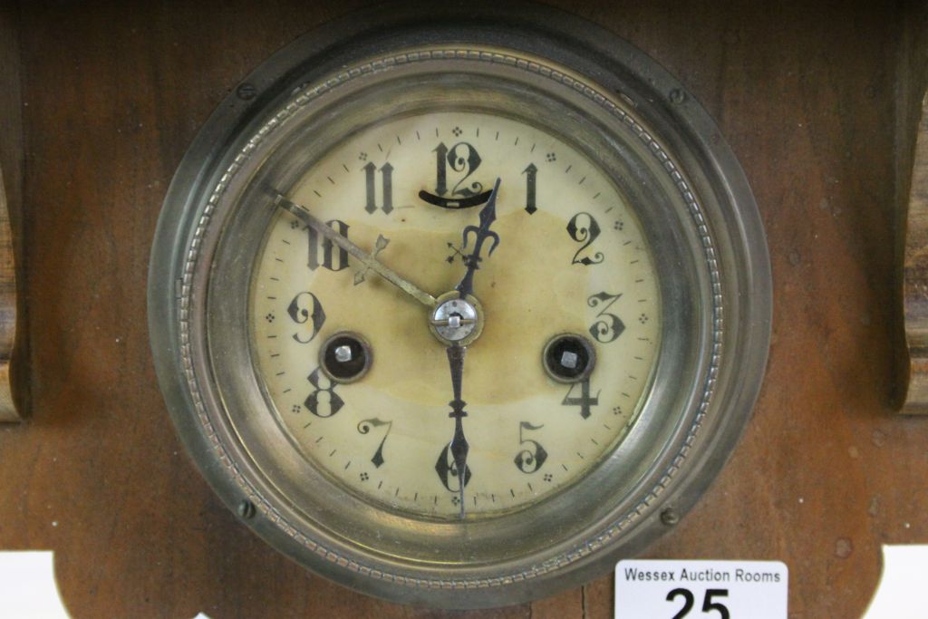 Oak framed bevelled glass wall Mirror, set with key wind German Alarm clock & Bell, measures - Image 4 of 5