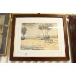 A.R.Swift 1969 framed watercolour of zebras grazing in an African Landscape, signed