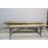 Pair of 1930's Pine Top Benches with Cast Iron Supports, stamped 1939, 182cms long x 25cms wide x