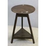 Elm Circular Cricket Table raised on Three Square Splayed Legs with Undershelf, 47cmsm diameter x