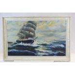 Large oil on canvas of a tall sailing ship with liner to background