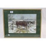 Framed & glazed Pastel of a Bull & Cows in a Field, by Nora Howarth, image approx 39 x 27cm