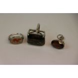 Silver fob with Faceted orange stone, Large Hallmarked Silver dress Ring with Smokey Quartz and a