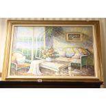 Oil on canvas, large signed painting of a sitting room setting in sunlight