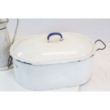 Vintage enamel lidded two handled pan and similar jug