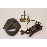 Miniature set of brass Scales, ornamental set of metal Keys and a bronze wall mask