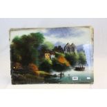 19th Century pair of oils on glass of tranquil rural river scenes with figures