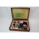 Box mixed collectables including Dalvey clock, vintage brass candlesticks, silver bangle, snuff