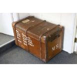 Large Vintage Canvas Covered and Wooden Bound Travelling Trunk, 90cms wide x 53cms deep x 55cms