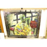 Modern school signed oil painting of an impressionist still life with a table setting