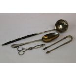 Three items of Georgian Silver including Ladle, Sugar Tongs and Spoon plus a Pair of White Metal