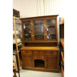 Large late Victorian Oak Dresser with stained glass panels and "dog kennel", 203cms high x 148cms