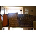 Two Wicker Hamper type baskets and a combination Briefcase with Orange & Brown Leather cover