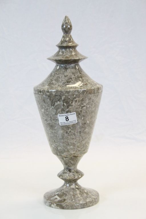 Large carved Stone Urn with cover, stands approx 40cm in total