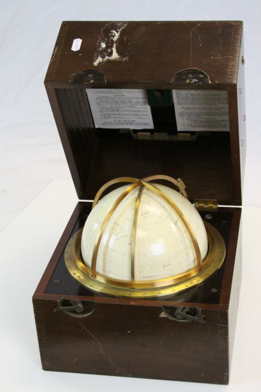 Wooden cased Star Globe Epoch 1975 by Kelvin and Hughes ltd with instructions to lid, approx. 27 x