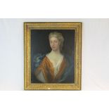 Large gilt framed oil on canvas portrait of a lady in 18th century style dress, image approx. 69.5cm